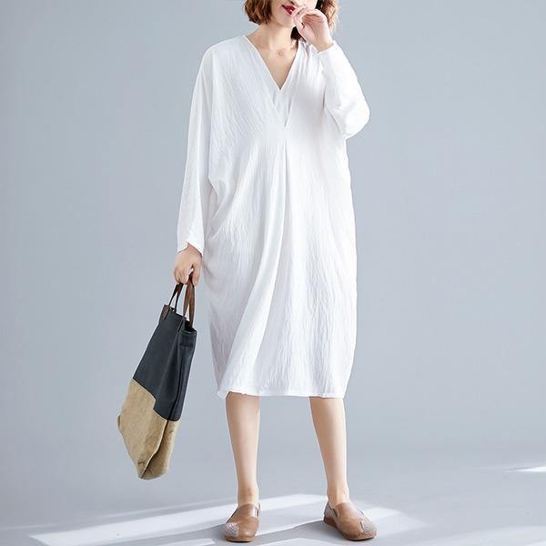 omychic plus size oversize cotton linen vintage for women casual loose midi autumn dress - Omychic