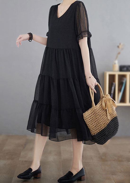 Black Dot Print Patchwork Chiffon Dress Summer