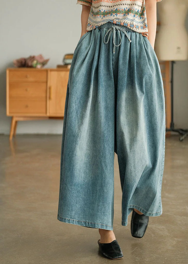 Loose Blue Cinched Pockets Denim Wide Leg Pants