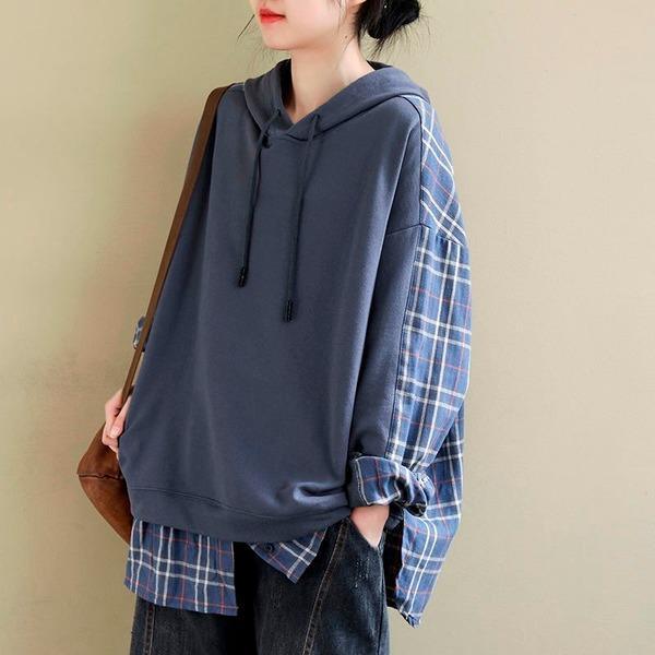 Style Plaid Patchwork Female Hooded Pullovers - Omychic