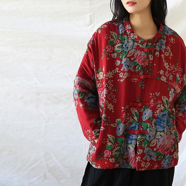 Women Vintage Print Floral Parkas Red Stand Long Sleeve Winter Coats  Warm Parkas Coats - Omychic