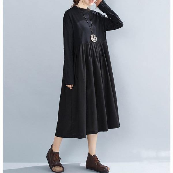 omychic plus size black cotton vintage for women casual loose autumn winter dress - Omychic