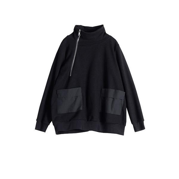 Solid Color Casual Sweatshirt Turtleneck Zippers Patchwork Pocket Black All-match Women Loose Top - Omychic