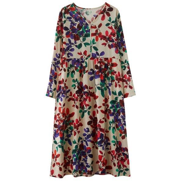 long sleeve plus size cotton linen vintage floral for women casual loose autumn dress - Omychic