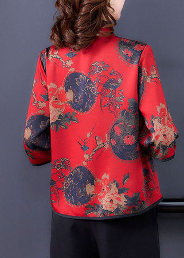 Elegant Red Mandarin Collar Button Silk Shirt Half Sleeve