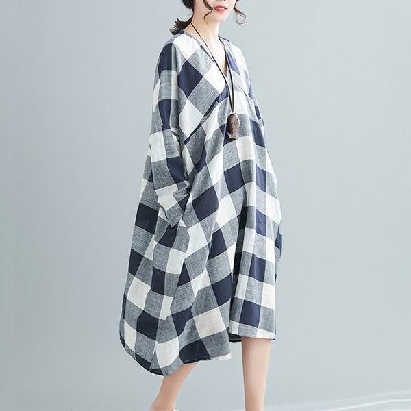 long sleeve cotton linen vintage plaid plus size women casual loose midi autumn party dress - Omychic