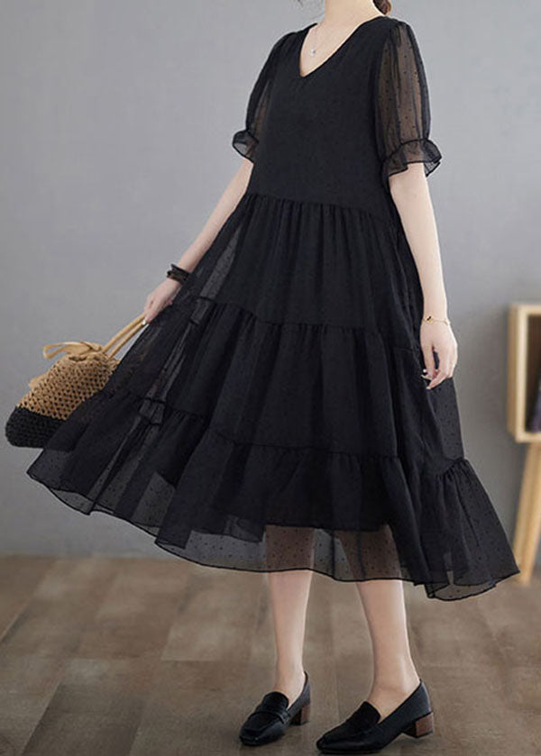 Black Dot Print Patchwork Chiffon Dress Summer