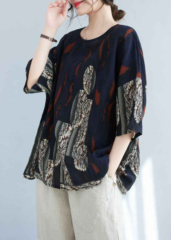 Retro Navy O Neck Print Patchwork Cotton T Shirt Summer