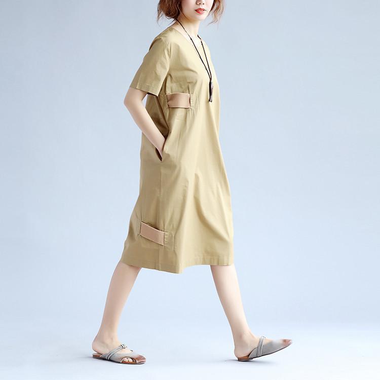 Cotton Women Splicing Short Sleeves Khaki Dress - Omychic