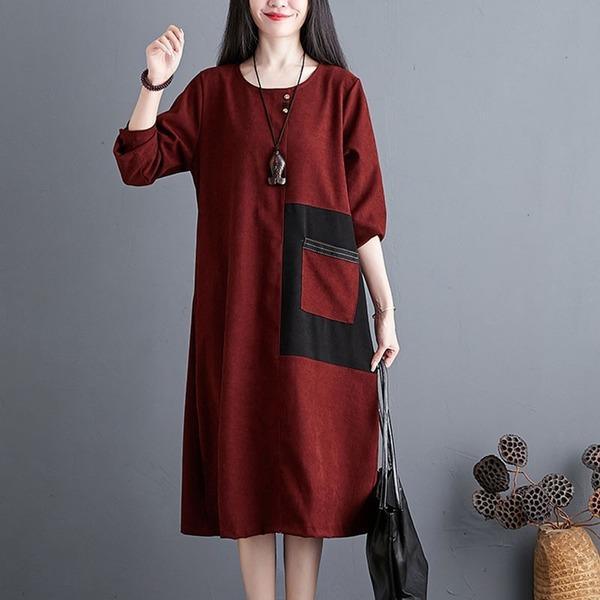Women Autumn Casual Dresses  Patchwork Pocket Loose Comfortable Female Cotton Linen Long Dress - Omychic