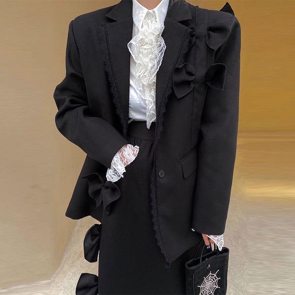 Ruffle Blazer Fashion New Women Small Fresh Full Sleeve 2020 Winter Single Breast Loose Bow Black Blazer Coat - Omychic