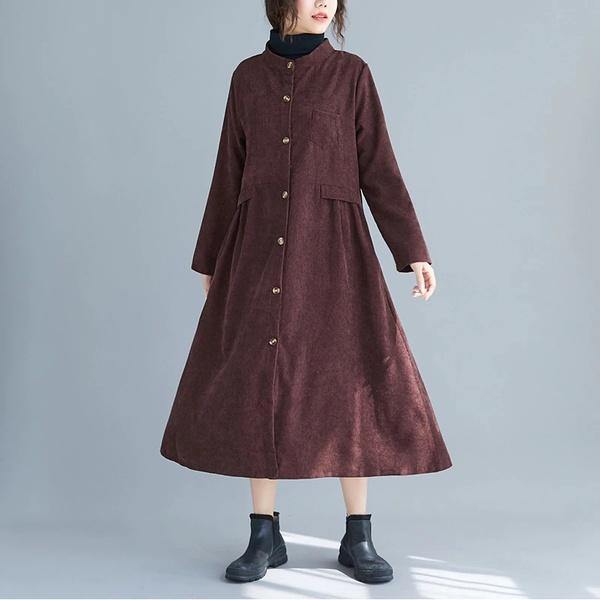 long sleeve plus size corduroy vintage for women casual loose autumn winter elegant shirt dress clothes - Omychic