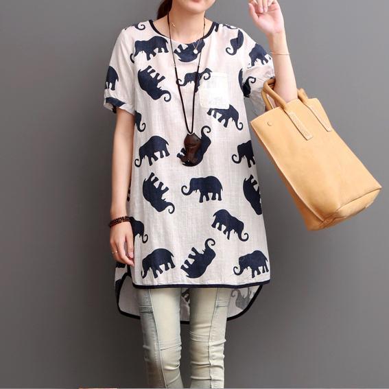 elephant print summer linen dresses loose blouse women shirt - Omychic