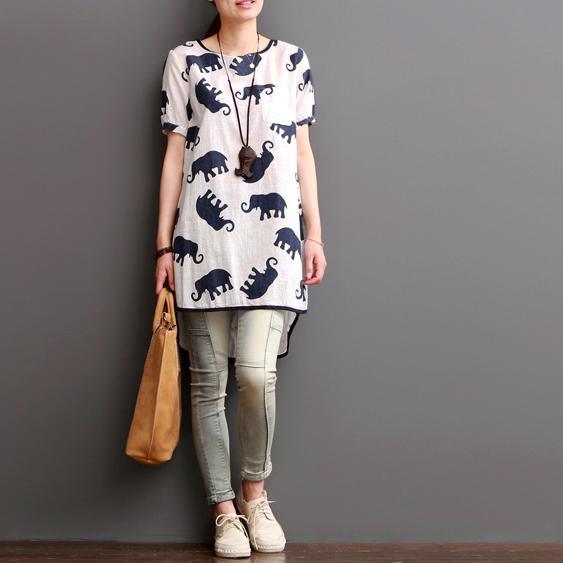 elephant print summer linen dresses loose blouse women shirt - Omychic