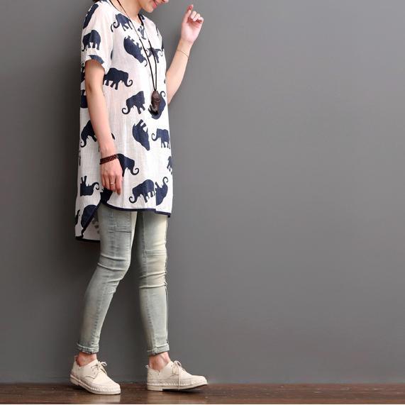 elephant print summer linen dresses loose blouse women shirt - Omychic