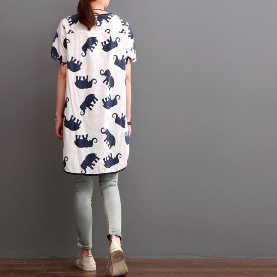 elephant print summer linen dresses loose blouse women shirt - Omychic