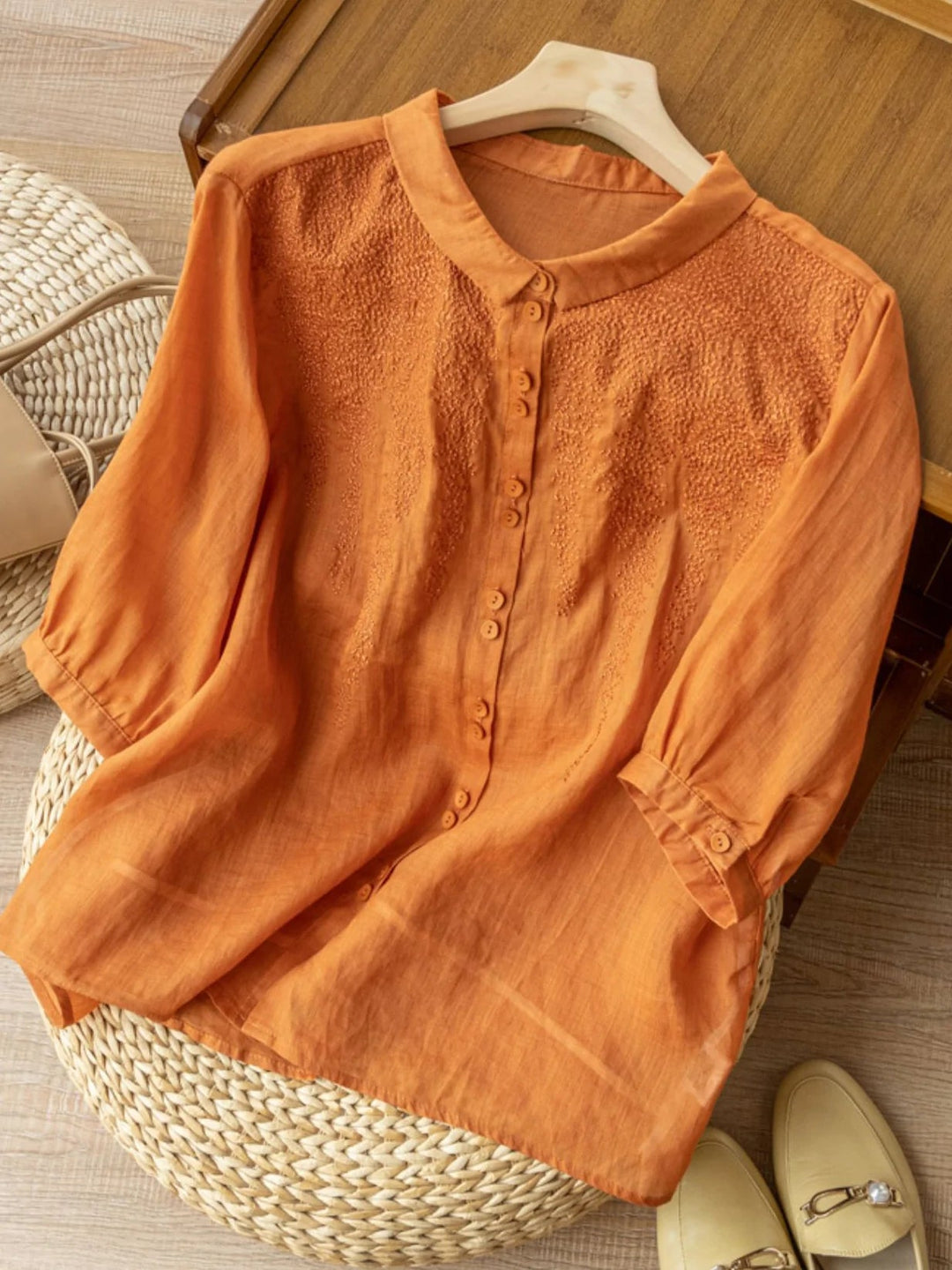 Embroidered Half Sleeve Casual Linen Shirt Top