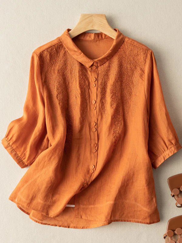 Embroidered Half Sleeve Casual Linen Shirt Top