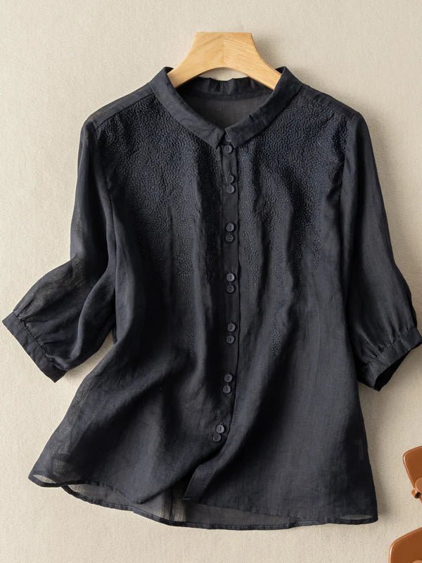 Embroidered Half Sleeve Casual Linen Shirt Top