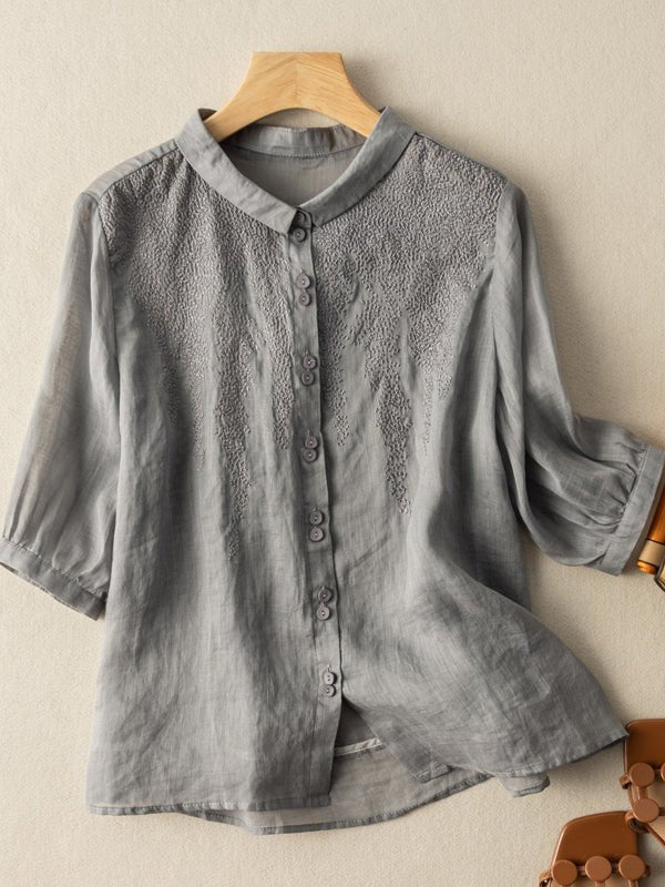 Embroidered Half Sleeve Casual Linen Shirt Top