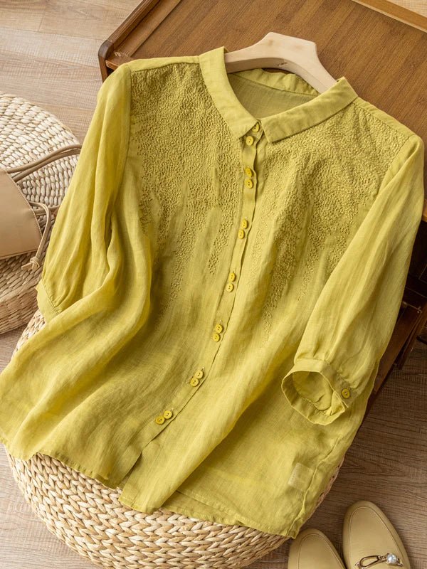 Embroidered Half Sleeve Casual Linen Shirt Top