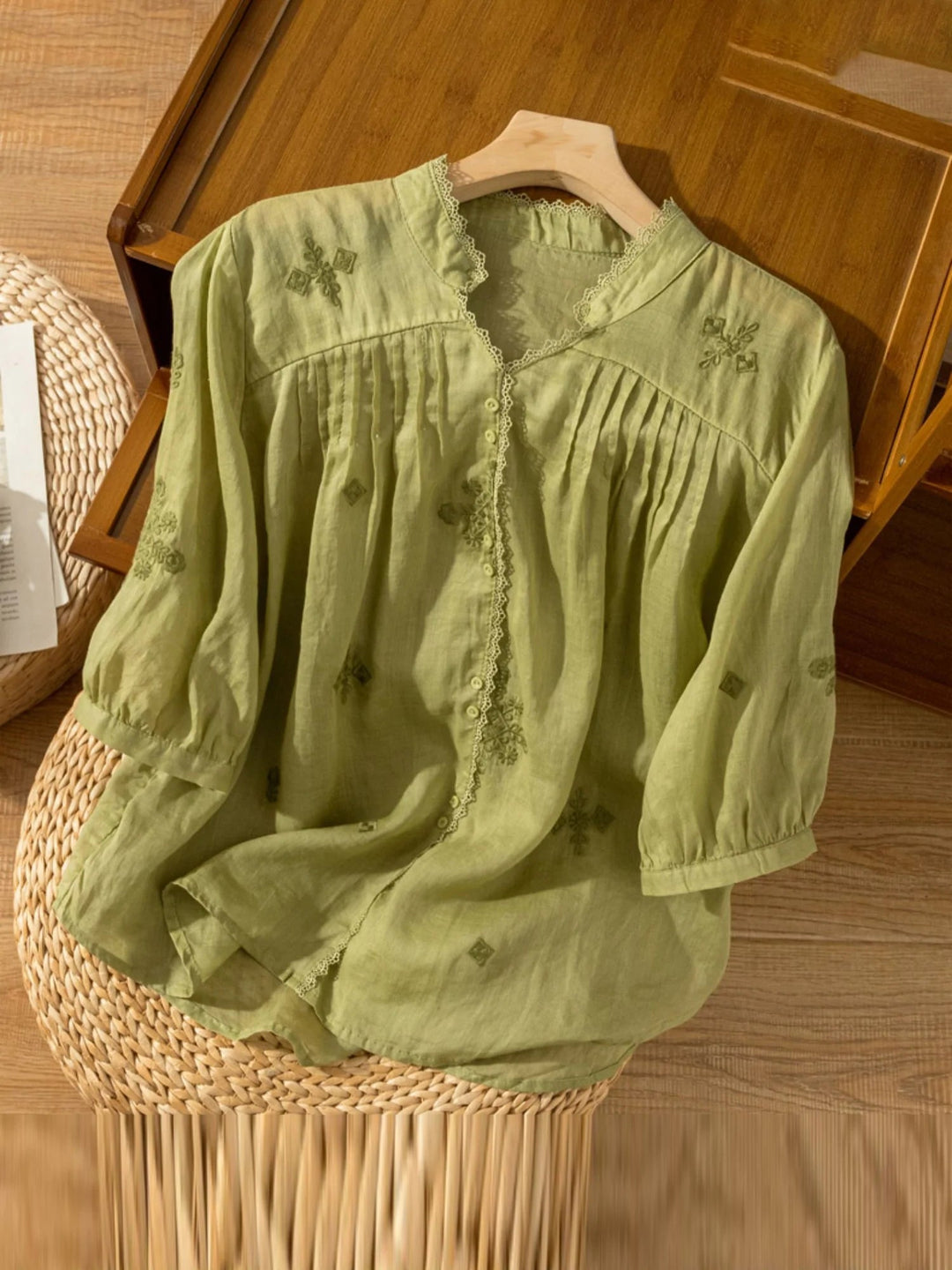 Embroidered V Neck 3/4 Sleeve Casual Linen Shirt Top