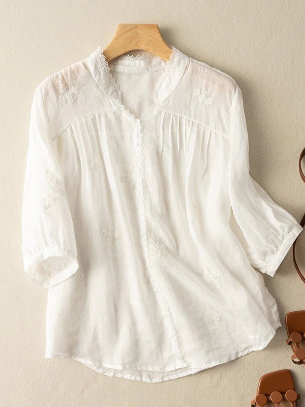Embroidered V Neck 3/4 Sleeve Casual Linen Shirt Top