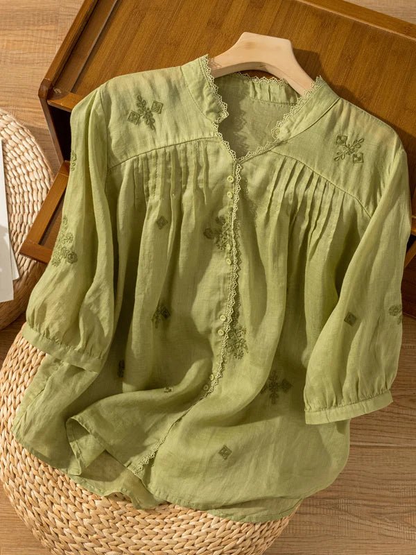 Embroidered V Neck 3/4 Sleeve Casual Linen Shirt Top