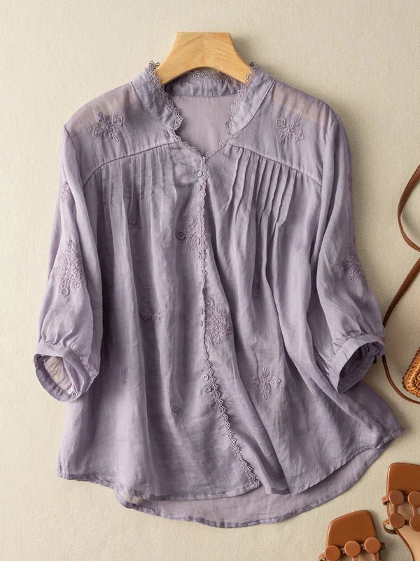 Embroidered V Neck 3/4 Sleeve Casual Linen Shirt Top