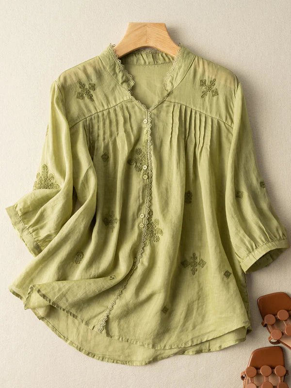 Embroidered V Neck 3/4 Sleeve Casual Linen Shirt Top