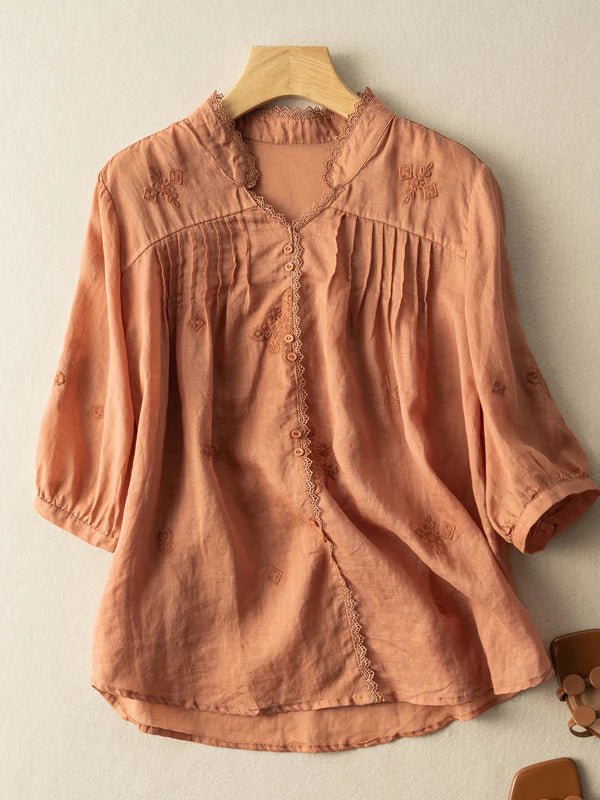 Embroidered V Neck 3/4 Sleeve Casual Linen Shirt Top