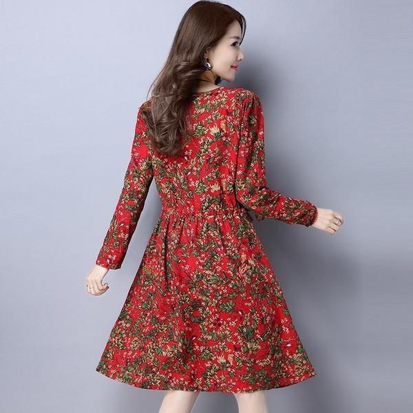 long sleeve plus size cotton linen vintage floral women casual loose midi autumn spring dress  2020 ladies dress - Omychic