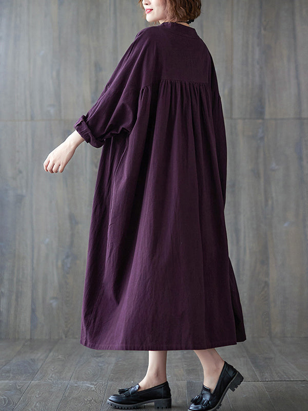 Pleated Solid Color Loose Stand Collar Midi Dress