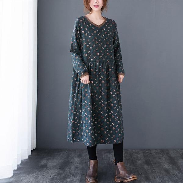 Vintage Print V-neck Loose Comfortable Female Long Dresses - Omychic