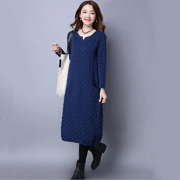 omychic plus size cotton vintage for women casual loose autumn winter dress - Omychic