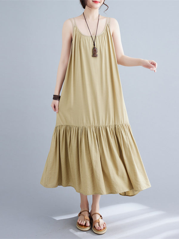 Pleated Solid Color Spaghetti-Neck Midi Dress