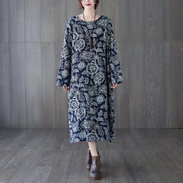 long sleeve plus size cotton linen vintage floral for women casual loose spring autumn dress - Omychic