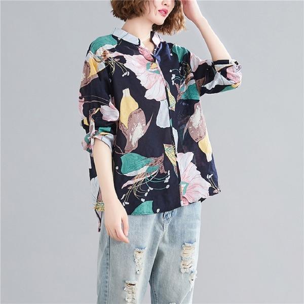 cotton linen autumn vintage floral korean style plus size Casual loose shirt women blouse 2020 clothes ladies tops streetwear - Omychic