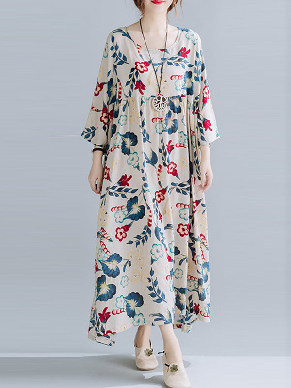 Casual Floral Printed Loose Maxi Dress Batwing Sleeve