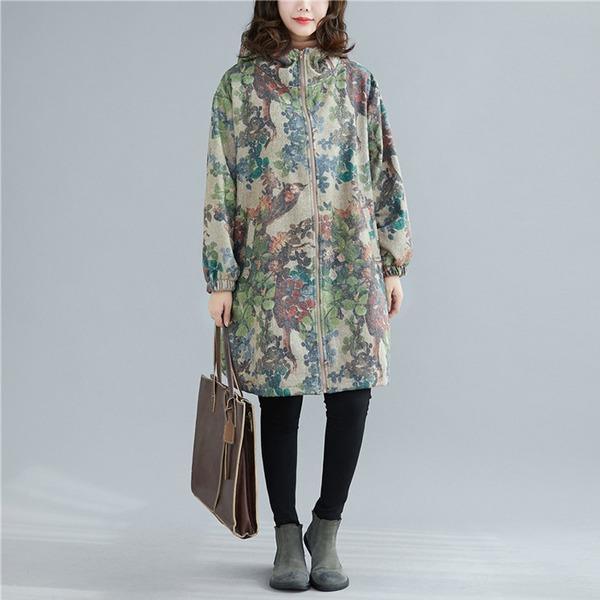 Vintage Print Floral Parkas For Women Winter Coat Hooded Zipper Pockets - Omychic