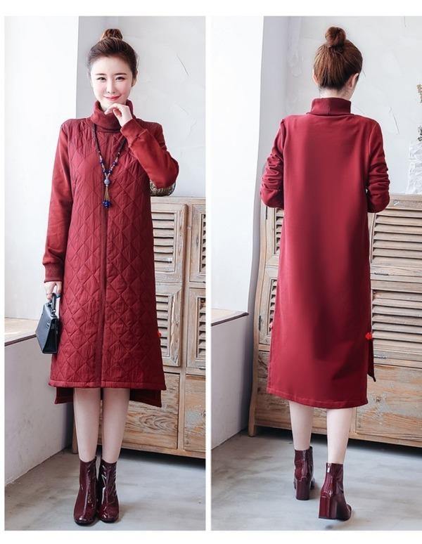 omychic plus size Padded cotton vintage for women casual loose midi autumn winter dress - Omychic