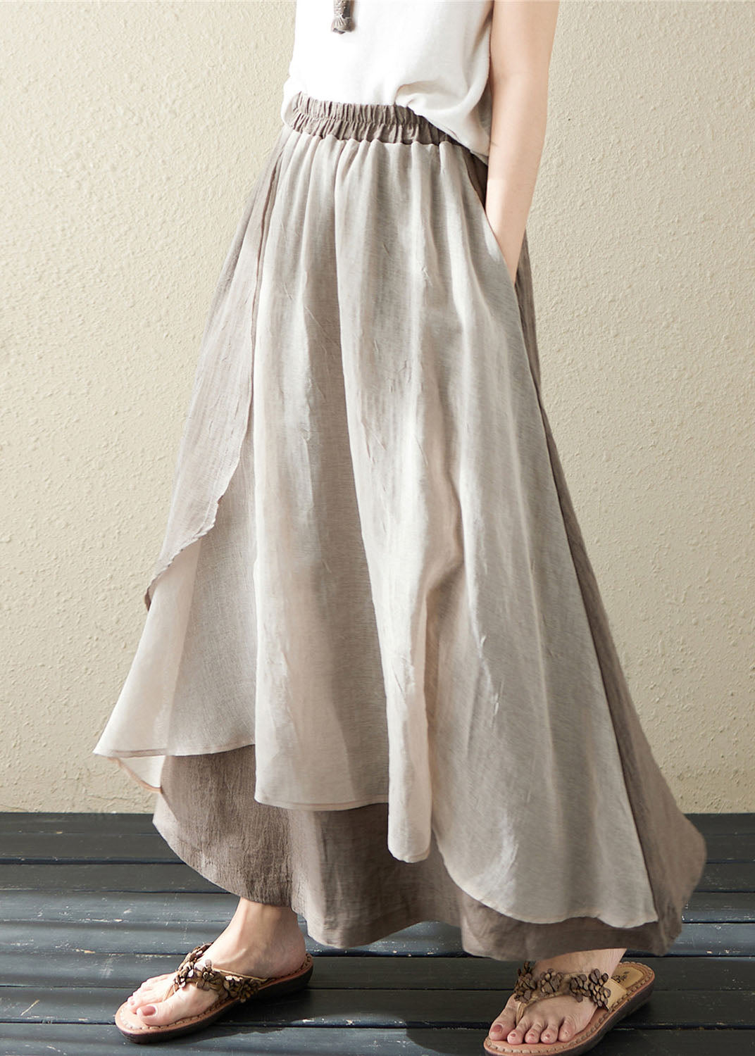 Vintage Khaki Pockets Asymmetrical Design Patchwork Linen Skirt