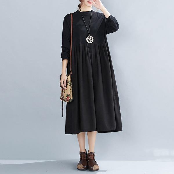 omychic plus size black cotton vintage for women casual loose autumn winter dress - Omychic