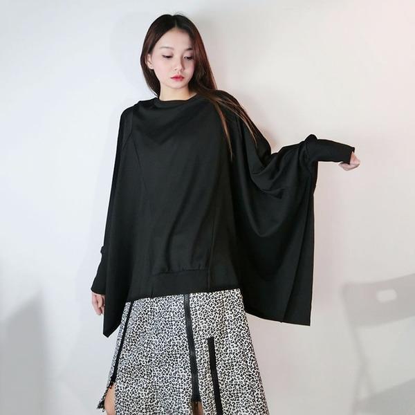 Women T-shirt Fashion Batwing Sleeve Solid Color Loose Pullover Top Winter Casual All-match Black Street Trendy - Omychic