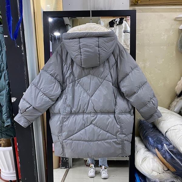 Whiter Thick Warm Duck Down Jacket Female Black Gray Hooded Loose Korea Style Girls Oversize Down Coat - Omychic