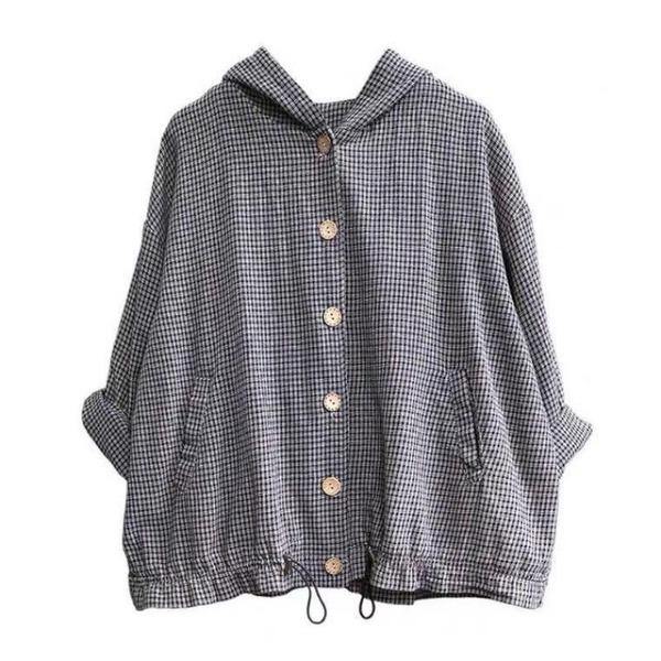 Women Retro Plaid Hooded Drawstring Single Breasted Coats - Omychic