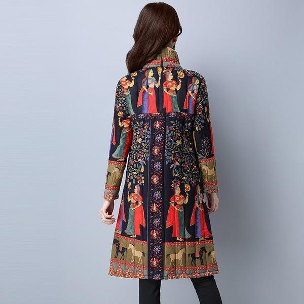 anteef plus size Cotton linen vintage floral clothes casual long loose autumn winter jacket - Omychic