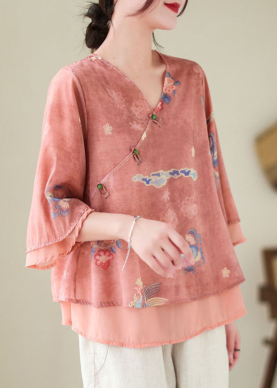 Red Print Patchwork Chiffon Shirt Top V Neck Butterfly Sleeve