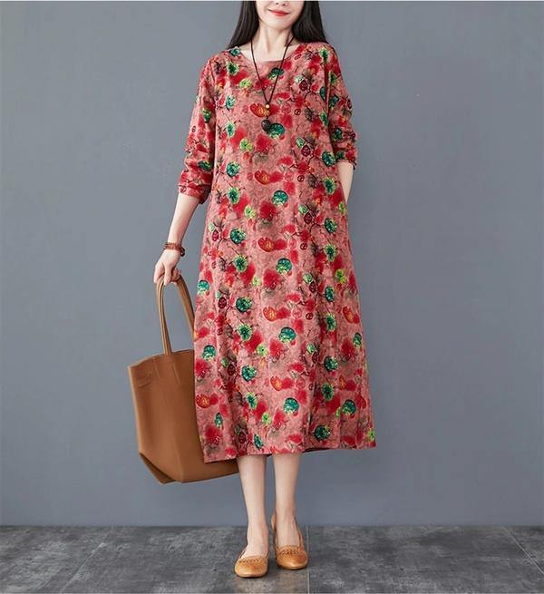 long sleeve cotton linen plus size vintage floral for women casual loose spring autumn dress - Omychic