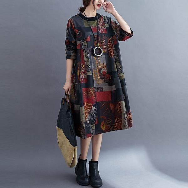 Autumn Winter Women Loose Casual Dresses Vintage Print O-neck Female Knee-length Cotton Dress - Omychic